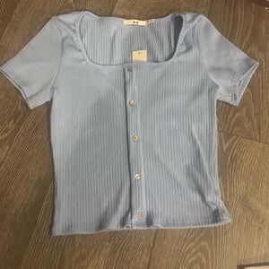 Mi Ami Sky Blue Ribbed Button-Down Shirt